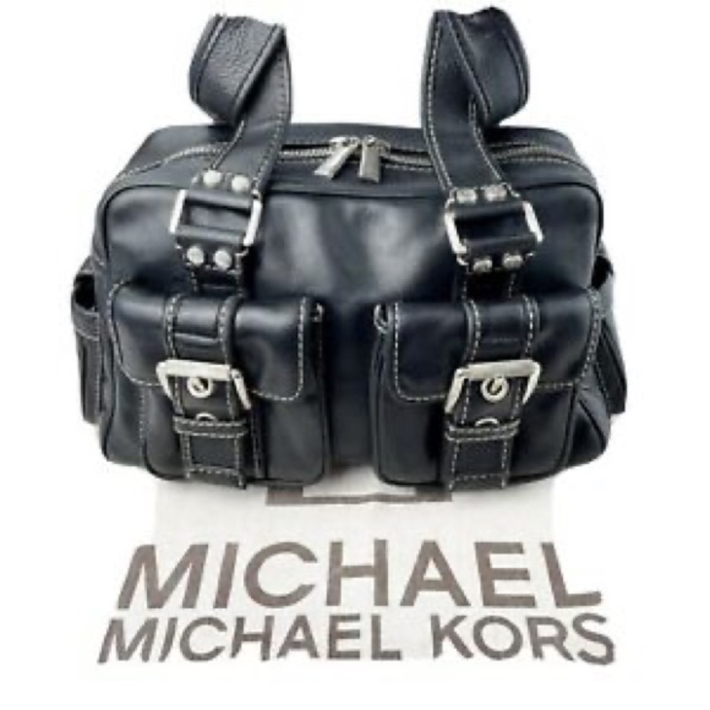 Michael Kors Black Leather Double Pocket Satchel Handbag ...